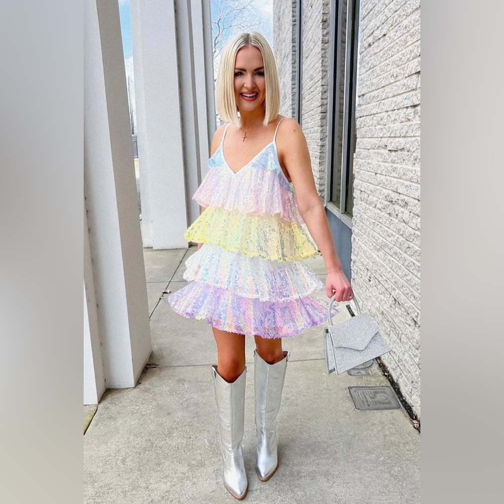 BUDDY LOVE DISCO TIERED SEQUIN SHORT DRESS - RAINBOW